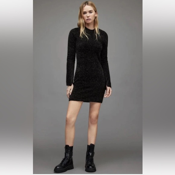 All Saints ALLSAINTS Black Sparkle Mini Dress Long Sleeve Size S New With Tags